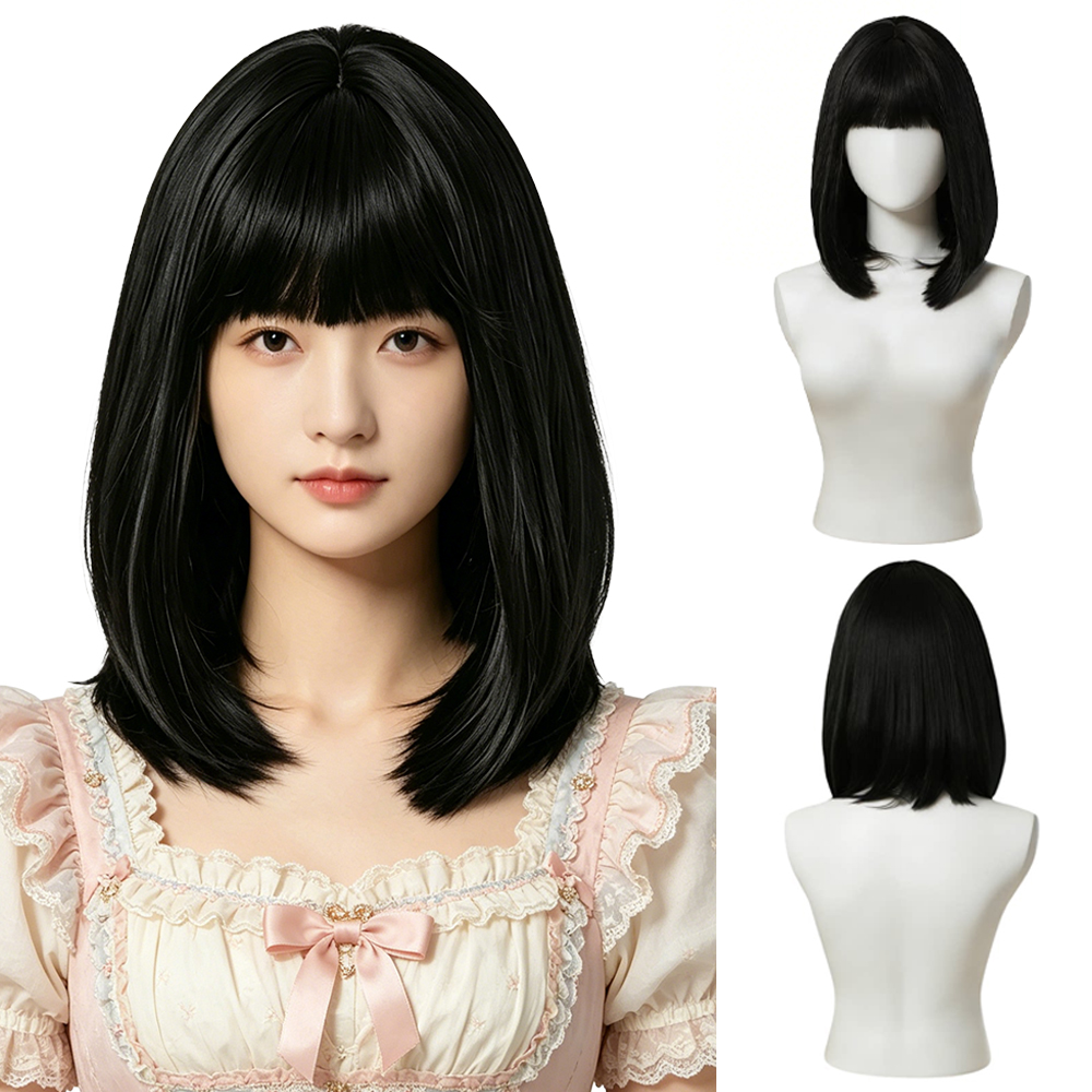 Hair Care High End - ナチュラルブラックボブウィッグ、前髪付き、毛先がカールした耐熱性合成毛、お手入れ簡単、女性用、日常使い、コスプレ、パーティーに最適