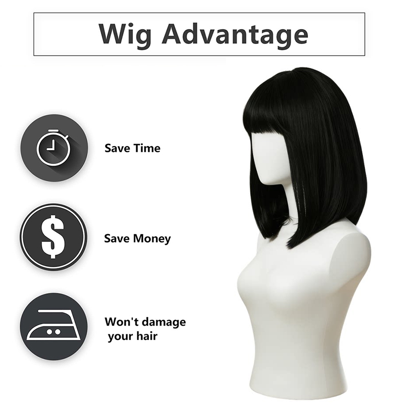 ナチュラルブラックボブウィッグ、前髪付き、毛先がカールした耐 - Hair Care High End のレビューと価格